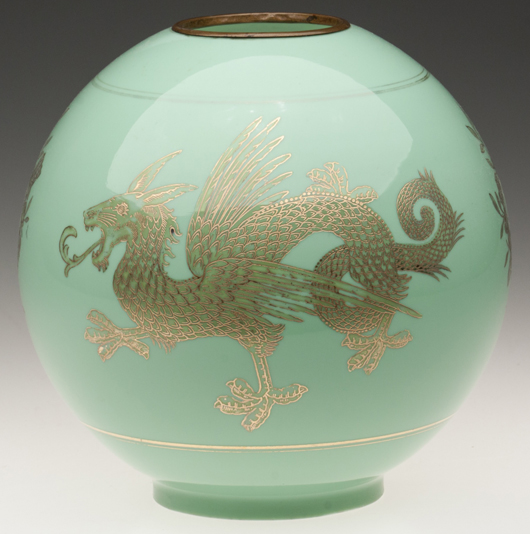 Victorian shades were led by a jadeite green dragon-decorated ball-form shade, which sold for $862.50. Jeffrey S. Evans & Associates image.