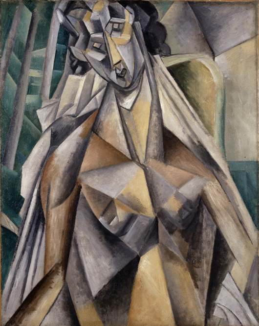 Pablo Picasso, ‘Nu dans un fauteuil (Nude Woman in an Armchair),’ summer 1909, oil on canvas, 36 1/4 x 28 3/4 in. Leonard A. Lauder Cubist Collection; © 2013 Estate of Pablo Picasso/Artists Rights Society (ARS), New York.