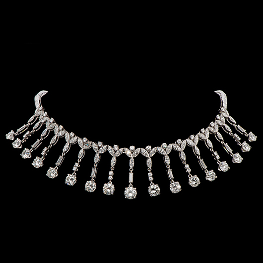 A 28-carat platinum and diamond necklace made for Marge Schott, former owner of the Cincinnati Reds, estimated to bring $65,000-$85,000. Cowan’s Auctions Inc. image.