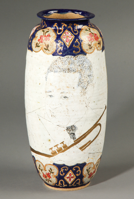 Michael and Magdalena Frimkess (born 1937; born 1929), 'Dizzy Gillespie Tagamet Vase,' 1989, earthenware, hand painted & gilded, 18inches. Estimate: $1,000-$1,500. Material Culture image. 