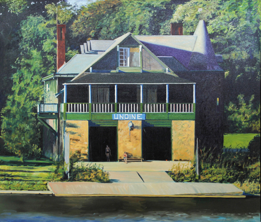 Joseph Sweeney (American, 20th c.), 'Afternoon at Undine' (Boat House Row, Philadelphia), 1982, oil on canvas, 49.5 x 57.5 inches. Estimate: $500-700. Material Culture image.