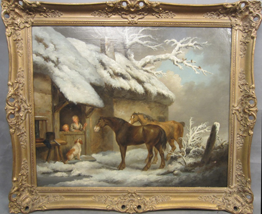 George Morland, (British, 1762-1804), ‘A Winter Landscape,’ signed G Morland Pinxt. Sterling Associates image.
