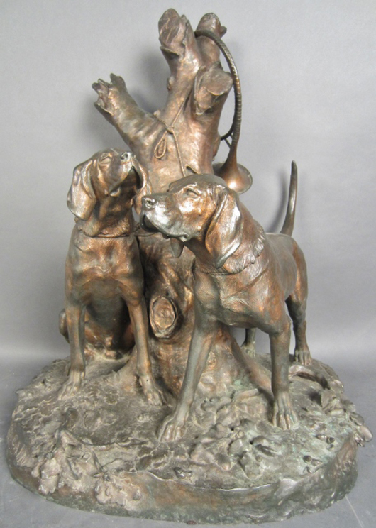 Auguste-Nicolas Cain, (French, 1821-1894), large bronze of hunting dogs. Artist’s signature and names of dogs (Caron, Pompier) signed in ground. Sterling Associates image.