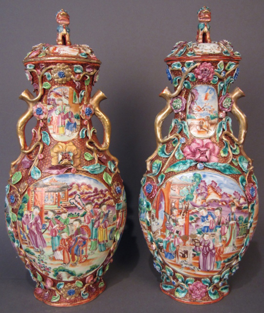 Pair of Chinese famille rose covered vases, Qianlong, circa 1750, Mandarin pattern. Sterling Associates image.