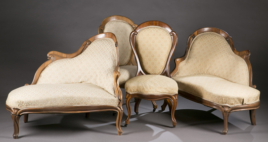 Rosewood laminated 9-piece parlor set attributed to John Henry Belter, mid 19th century. Estimate $3,000-$5,000. Quinn’s image.