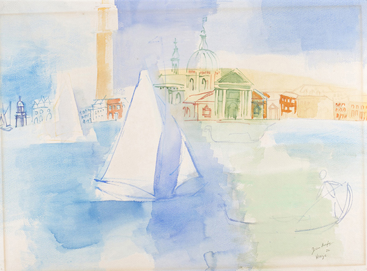 Jean Dufy (French, 1884-1964), Venetian scene, watercolor and gouache on paper, signed and dated, 18 x 23¼ inches. Estimate $6,000-$8,000. Quinn’s image.