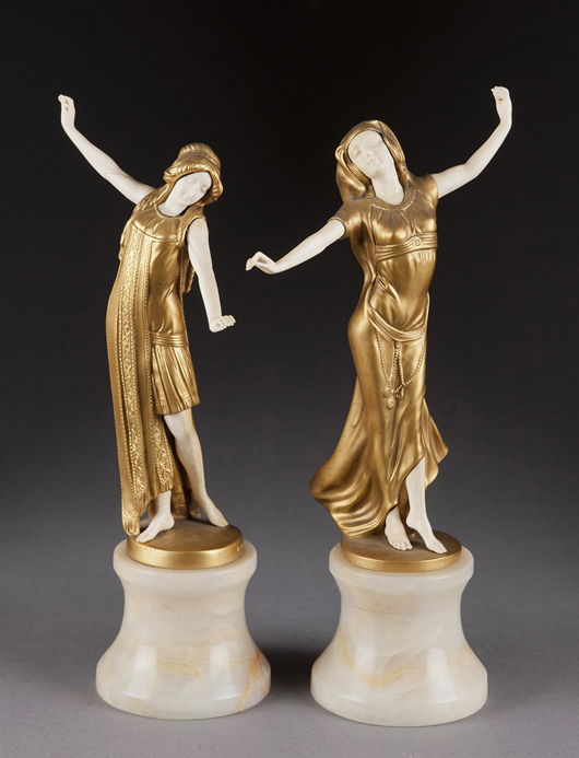Peter or Paul Tereszczuk (Austrian, late 19th/early 20th century) gilt bronze and ivory figures of dancing women, 11¾ inches tall inclusive of marble bases. Estimate $3,000-$4,000. Quinn’s image.