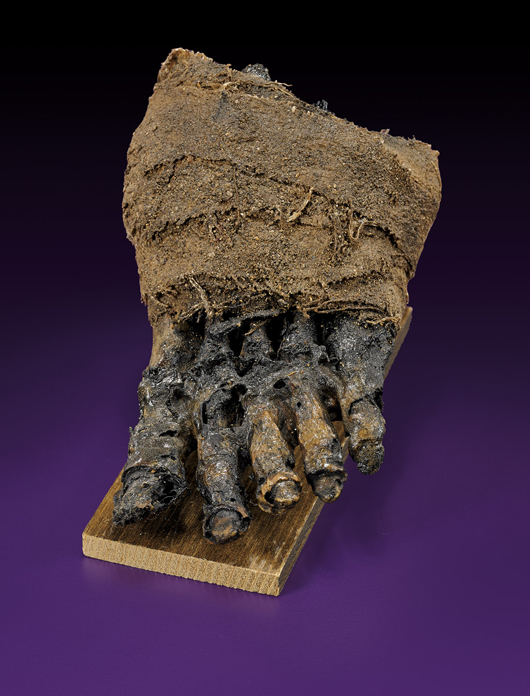 Ancient mummified foot from Middle Egypt. Estimate $5,000-$7,000. I.M. Chait image.