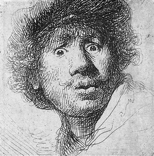 Rembrandt self-portrait, etching 1630. Image courtesy Wilimedia Commons. 