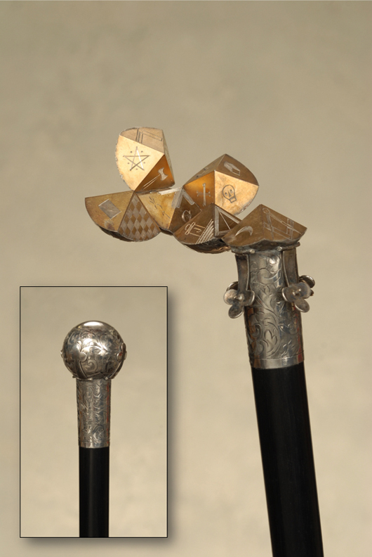 Wonderful folding Masonic ball cane. Tradewinds Antiques image.
