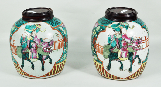 Pair of Chinese ginger jars. Woodbury Auction image.