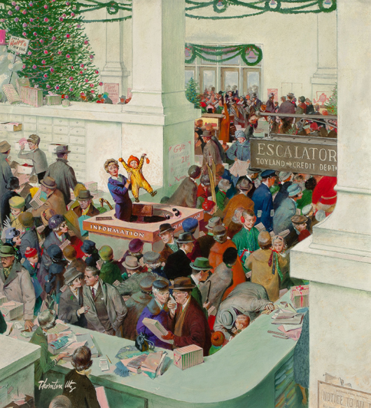 Thorton Utz (American, 1914-1999), ‘Love's Lost Child at Information Booth,’ The Saturday Evening Post’ Christmas cover, Dec. 20, 1958, oil on board, 23.75 x 22 inches, signed lower left. Heritage Auctions image.