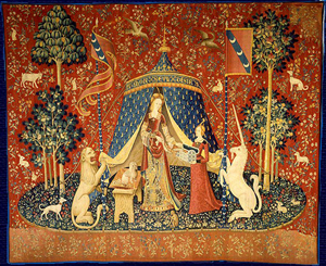 'The Lady and the Unicorn,' also called the the Tapestry Cycle, is a series of six Flemish tapestries depicting the senses. Image courtesy of Wikimedia Commons.