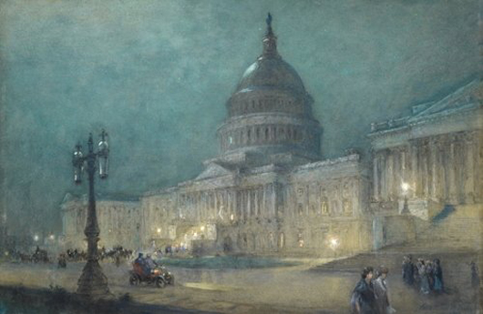 Colin Campbell Cooper, ‘The Capitol at Washington (Night),’ pastel , 20 × 30 inches. Estimate: $30,000–$50,000. Barridoff Galleries image.