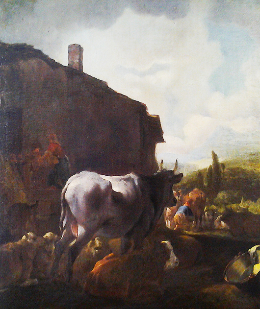 Dutch School , ‘The Farmyard ,’ oil on canvas mounted on board 25 × 21 1⁄2 inches. Estiomate: $6,000–$9,000. Barridoff Galleries image.