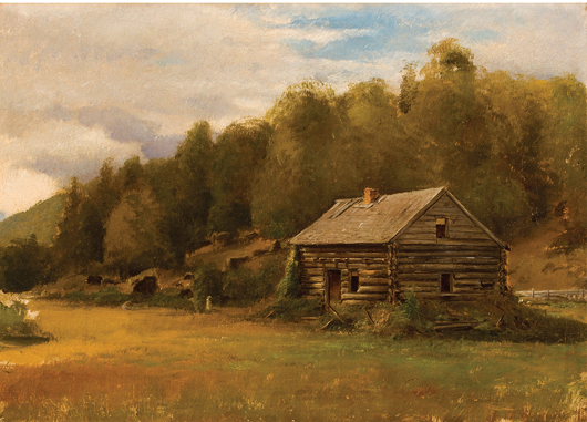 Henry A. Ferguson, ‘Frontier Log Cabin, oil on canvas 8 3/4 × 12 inches. Estimate: $1,500–$2,500. Barridoff Galleries image.