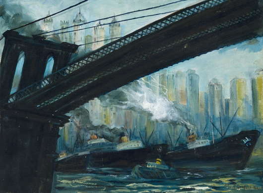 John Grabach , ‘View from Under the Brooklyn Bridge,’ oil on canvas, 18 × 24 inches. Estimate: $ 9,000–$12,000. Barridoff Galleries image.