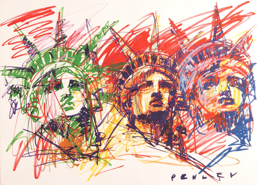 Steve Penley, (b. 1964), ‘Three Liberty Heads,’ acrylic paint and marker. Signed ‘Penley’ lower  right. mounted behind glass, matted and framed, height: 48 and 50 inches by width: 62 and 50 inches. Lewis & Maese image.