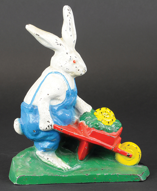 Littco Rabbit Pushing Wheelbarrow cast-iron doorstop, 11 5/8in tall, est. $1,000-$1,500. Bertoia Auctions image.