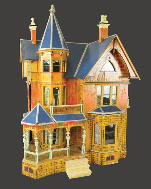 Gottschalk blue-roof dollhouse in Victorian style, 40in to top of weathervane, est. $8,000-$10,000. Bertoia Auctions image.