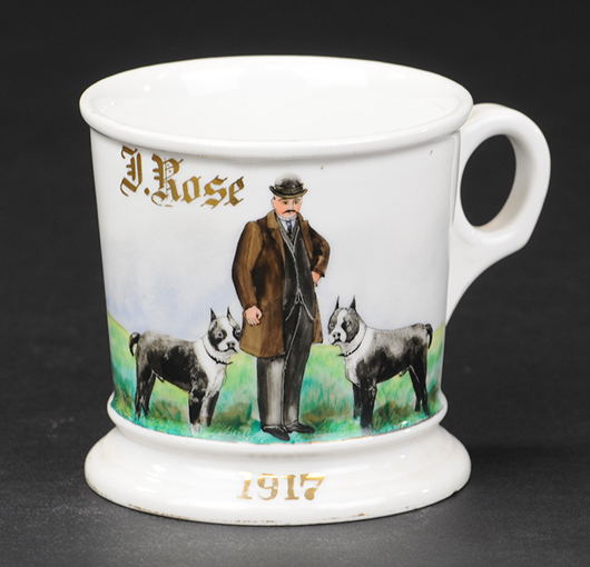Occupational shaving mug with depiction of gentleman with two Boston terriers, dated 1917, ex Bill Bertoia collection, est. $2,000-$3,000. Bertoia Auctions image.