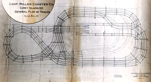 Original architectural plan delineating the track for Coney Island’s famous Loop roller coaster. Ross Art Group image.