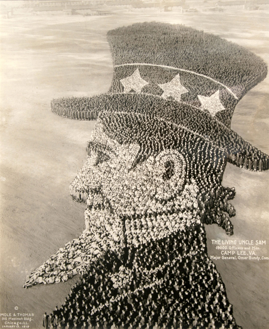 Mole & Thomas ‘The Living Uncle Sam’ photograph formed by 19,000 officers and enlisted men at Camp Lee, Virginia. Ross Art Group image.