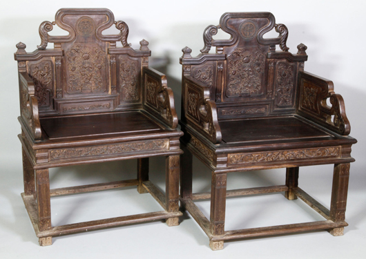 Pair of carved zitan chairs. Kaminski Auctions image.