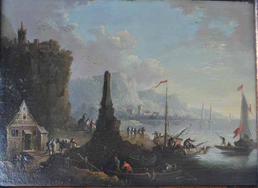 Dorner II, Johann Jakob (1775-1852) 'Romantic Riverside,' oil on wood. Gut Bernstorf image.