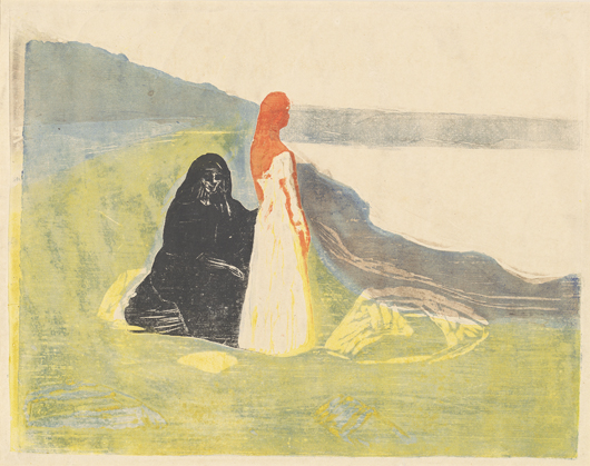 Edvard Munch, ‘Two Women on the Shore,’ 1898 (printed 1906/1907), color woodcut and color linoleum block. Image (irregular): 40.3 x 51.9 cm (15 7/8 x 20 7/16 in.), sheet: 47.4 x 59 cm (18 11/16 x 23 1/4 in.). National Gallery of Art, Washington, Print Purchase Fund (Rosenwald Collection) and Ailsa Mellon Bruce Fund. © Munch Museum/Munch Ellingsen Group/ARS, NY 2013.
