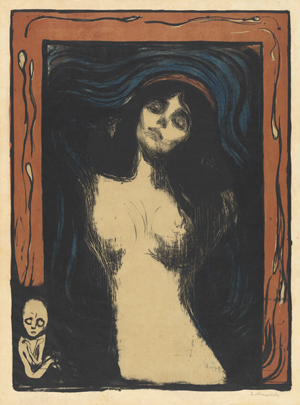 Edvard Munch, ‘Madonna,’ 1895 (printed 1912/1913), color lithograph and woodcut on golden japan paper. Image: 60.3 x 44 cm (23 3/4 x 17 5/16 in.), sheet: 66.2 x 50.4 cm (26 1/16 x 19 13/16 in.). National Gallery of Art, Washington, The Epstein Family Collection. © Munch Museum/Munch Ellingsen Group/ARS, NY 2013.