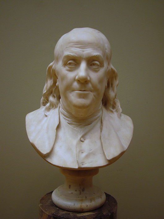 Benjamin Franklin marble bust by Jean-Antoine Houdon, 1778. Image courtesy of Wikimedia Commons.