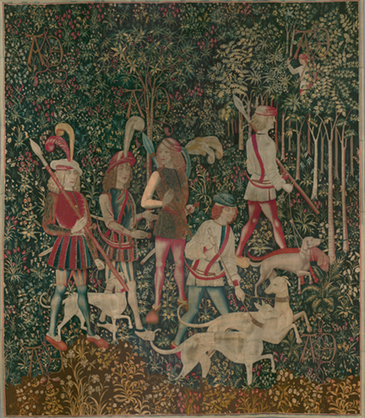 'The Hunters Enter the Woods (from the Unicorn Tapestries),' 1495–1505, South Netherlandish. Wool warp, wool, silk, silver, and gilt wefts. The yellow flowers, lanceolate leaves, and narrow seedpods of the wallflower are realistically depicted in the flowering meadow of this tapestry. The Metropolitan Museum of Art, New York, Gift of John D. Rockefeller Jr., 1937 (37.80.1).