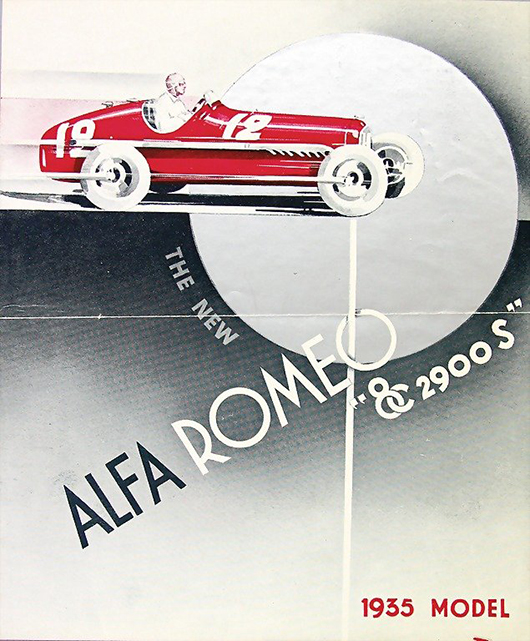 Considered rare, this 1935 Alfa-Romeo six-page folder is in English. It features the Alfa-Romeo 8 C 2900 S and includes the Racing Model, Le Mans Model and Grand Sport Model; Estimate: 2,900-5,800 euros. Automobilia Auktion Ladenburg image.