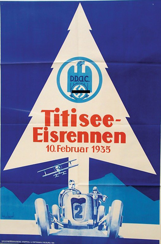 Dated Feb. 10, 1935, this poster for Titisee-Eisrennen is in good condition. Estimate: 1,200-2,400 euros. Automobilia Auktion Ladenburg image.