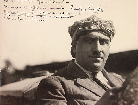 Racing champion Giuseppe Campari autographed this large black and white photograph of himself on the occasion of the Gran Premio d’Italia, 1925. Estimate: 700-1,400 euros.