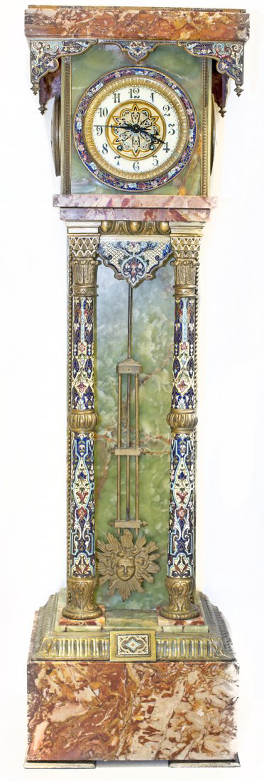 Louis XV-style gilt-bronze and champleve enamel mounted onyx and marble tall-case clock. Price realized: $14,400. A.B. Levy’s Auction image.
