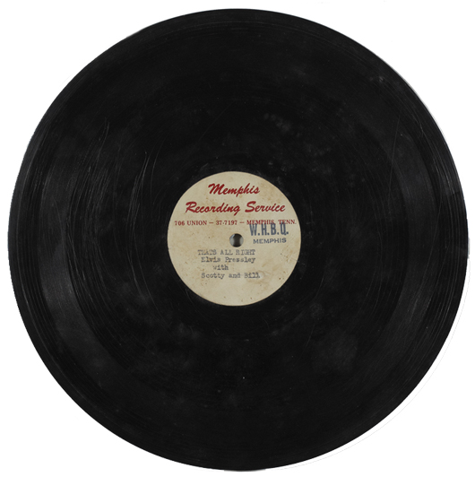 This rare acetate of ‘That’s All Right’ recorded by Elvis Presley at Sun Studios in Memphis in July 1954 was the star of Whytes’ recent rock and pop memorabilia sale in Dublin where it made €65,000 ($84,800). Image courtesy of Whyte's.