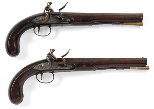 This pair of late 18th-century officer's flintlock dueling pistols by Robert Wogdon of London made £6,000 ($9,300) at Tennants in Yorkshire. Image courtesy of Tennants.