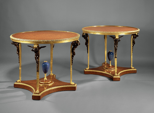This important pair of Louis XVI-style gilt bronze amboyna centrr tables by Francois Linke sold for 2.3 million RMB ($377,960) at the first UK-Chinese collaborative auction in China's Xiamen Freeport in April. Image courtesy Ewbanks and AAA.