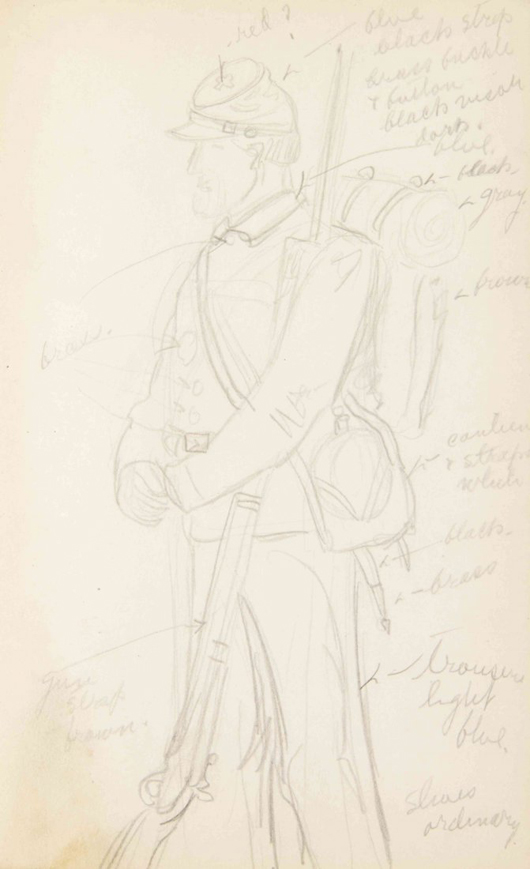 A drawing of a Civil War soldier is contained in the Grand Wood sketchbook. Image courtesy Leslie Hindman Auctioneers.