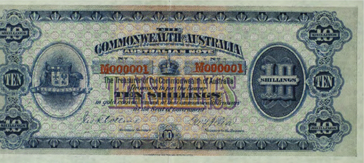 The first banknote of the Commonwealth of Australia, Serial Number M000001, issued May 1, 1913. Image courtesy of Coinworks.