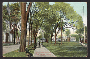 An early 1900s postcard picturing the New Haven Green where the time capsules were found. Image courtesy of Wikimedia Commons.