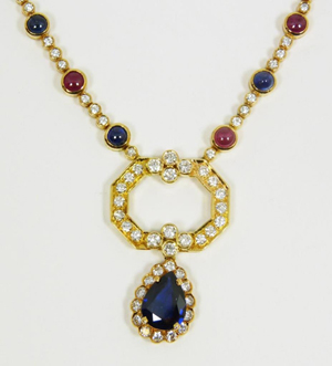 Harry Winston designer necklace with round cut diamonds, sapphires and rubies. Elite Decorative Arts image.