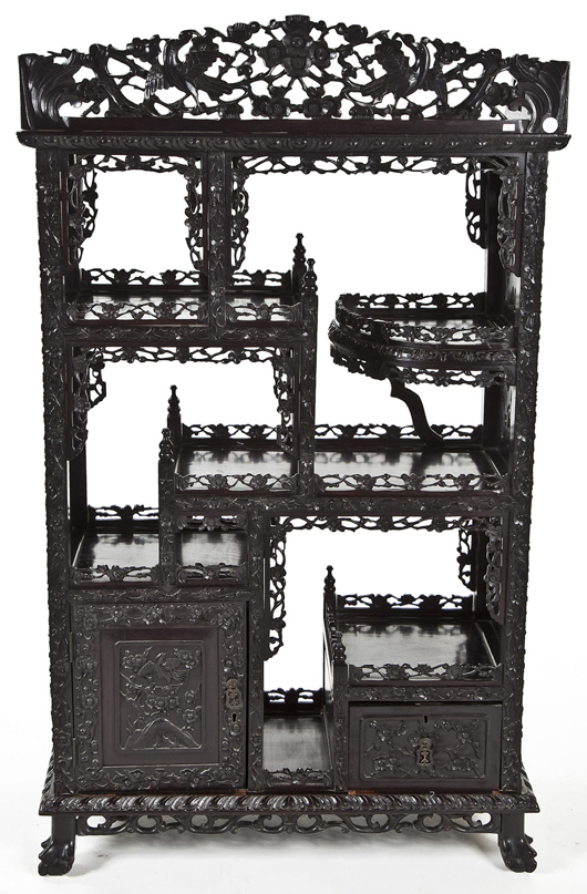 Carved Chinese étagère (estimate $1,500-$3,000). Cordier Auctions & Appraisals image.