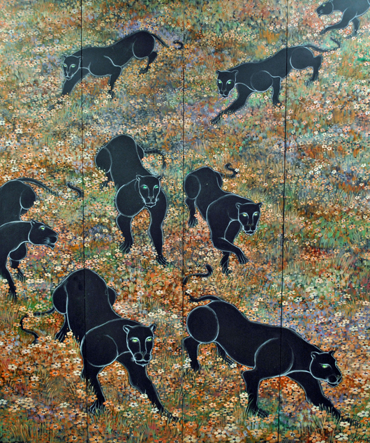 Gustavo Novoa, 'Strolling Panthers Amidst Flower Patch.' Leighton Galleries image.