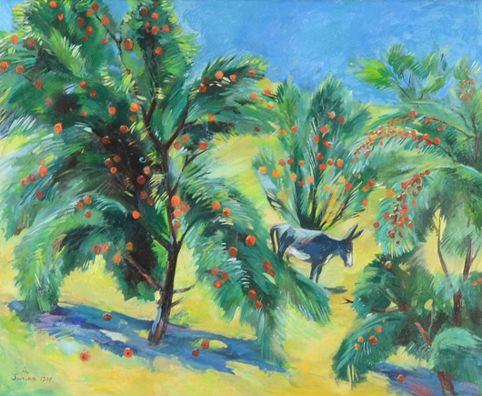 'Donkey in a Peach Orchard,' 1937, by Martiros Seregeevich Sarian (Saryan), (Armenian 1880-1972). Trinity International Auctions image.