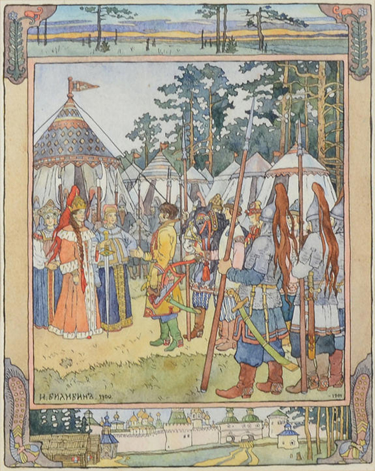 Ivan Biliban (Russian 1876-1942), watercolor illustration from the Russian fairy tale 'Maria Morevna and Koschei the Wizard,' 1900. Trinity International Auctions image.