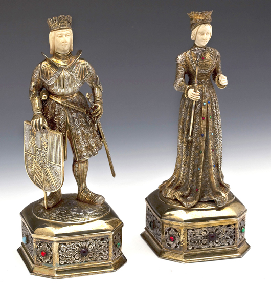 Pair German sterling and ivory court figures, (estimate $1,000-$1,500). Cordier Auctions & Appraisals image.