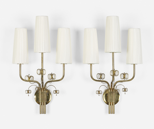 Paavo Tynell, pair of Important sconces from Kaivohuone restaurant, Helinski. Estimate: $20,000-$30,000. Wright image.